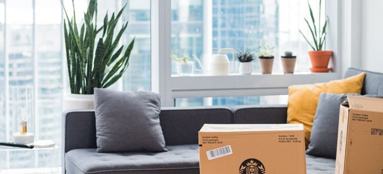 Cardboard boxes stacked in a bright living room with a gray sofa